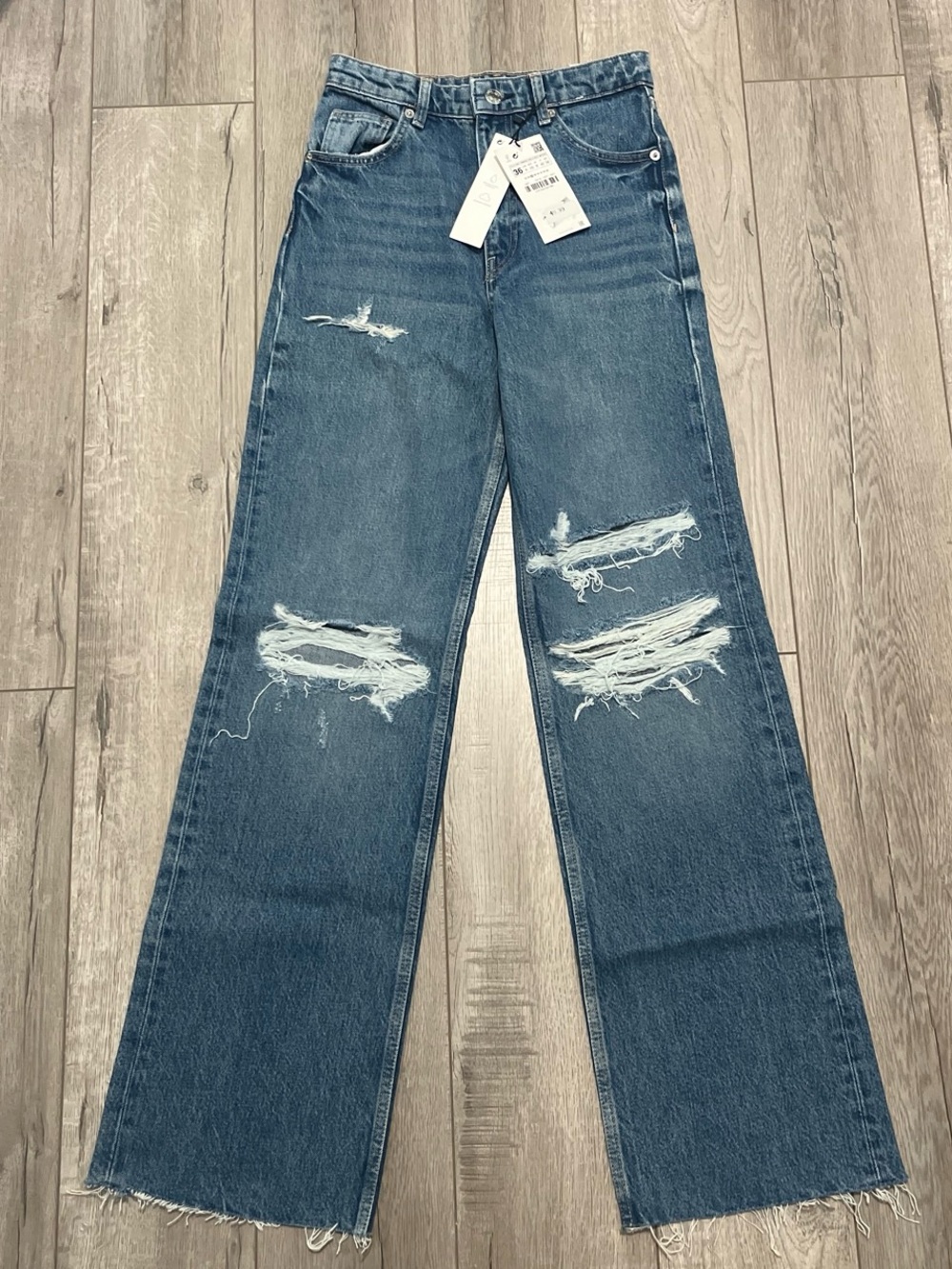 Zara High Waisted Distressed Wide Leg Jeans